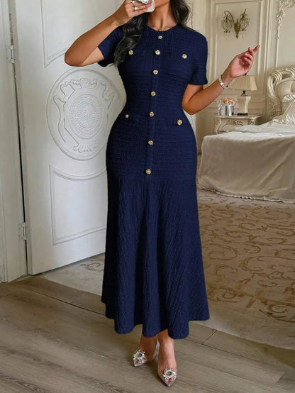 Yellow Textured Knit Midi Dress with Front Buttons and Faux Pockets