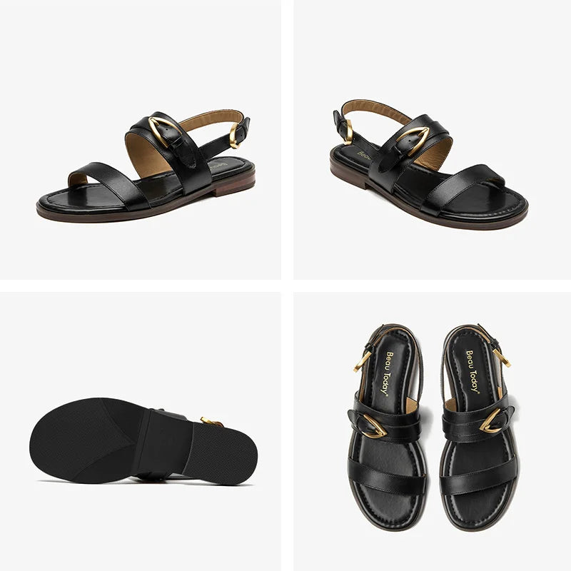 Flat Sandals Genuine Leather Metal Buckle  Slingback Low Heel Summer Retro Ladies Shoes