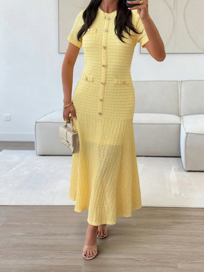 Yellow Textured Knit Midi Dress with Front Buttons and Faux Pockets