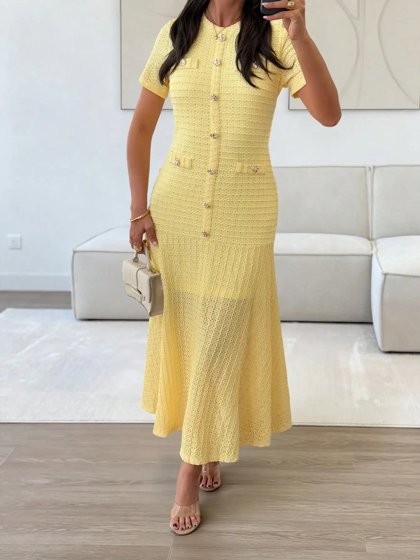 Yellow Textured Knit Midi Dress with Front Buttons and Faux Pockets