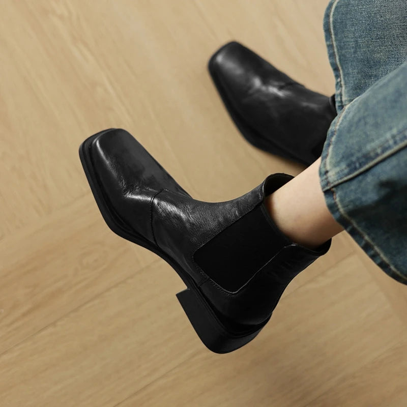 Women Genuine Leather Boots Square Toe Chunky Heel  Slip-on Modern Boots