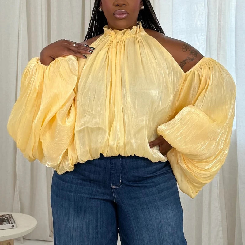 Shiny Plus Size Blouse Women Halter Neck Loose Long Lantern Sleeve Sexy Casual Holiday Evening Party Shirt