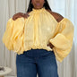 Shiny Plus Size Blouse Women Halter Neck Loose Long Lantern Sleeve Sexy Casual Holiday Evening Party Shirt