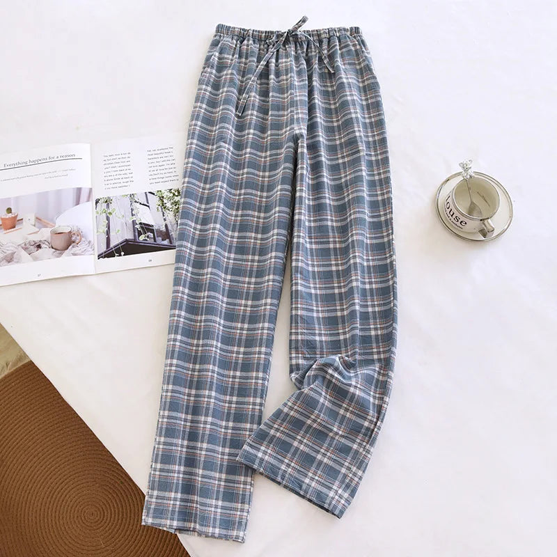 Spring and Autumn Men's Sleeper Pants 100% Cotton Checkered Pants Elastic Waist Home Pants Sleepwear