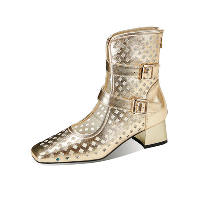 Gold Gladiator Sandals Platform Beige Summer Mesh Grid Ankle Boots Roman Sandals For Woman Genuine Leather