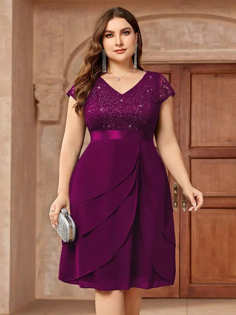 Plus Size V Neck Sequin Lace Chiffon Swing Dress