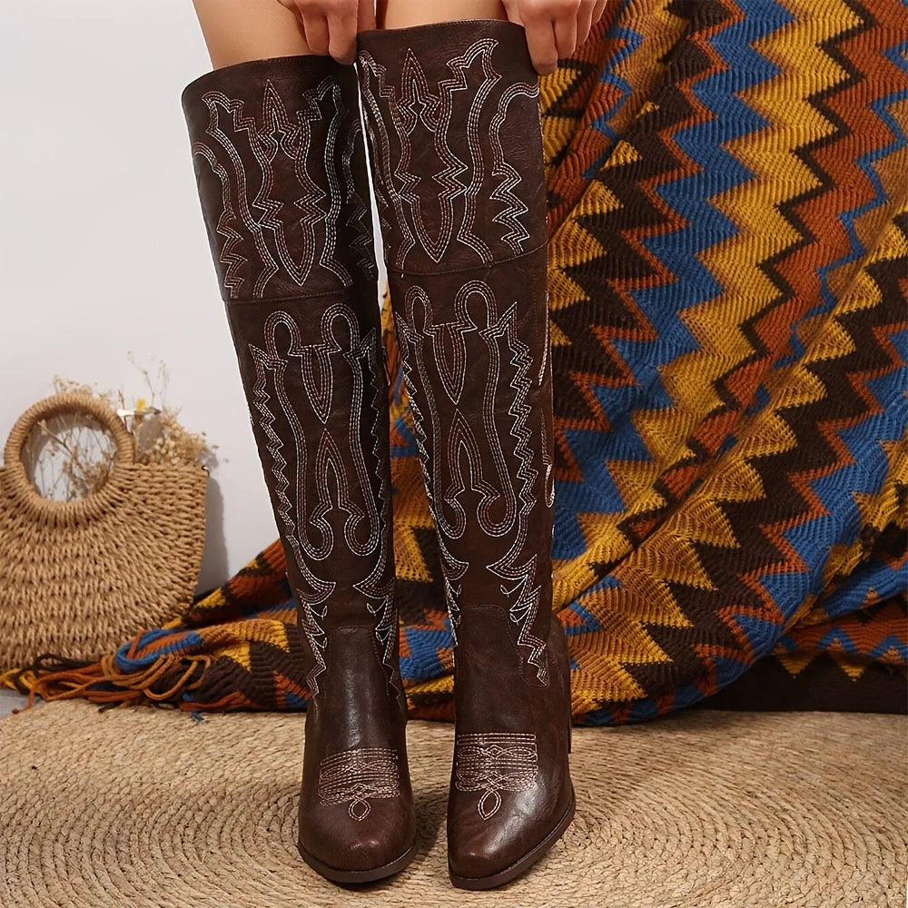 Vintage Western Cowboy Boots For Womens Fashion Embroidered Pointed Toe