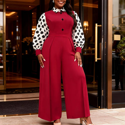 Stylish Polka Dot Long Sleeve Jumpsuit 
 Wide Leg Plus Size Rompers  Elegant Spring Summer Office Party Outfits