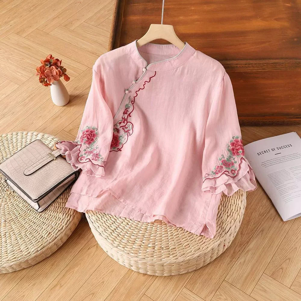 Casual Loose Blouse Shirt Women  Vintage Embroidery Woman Shirt