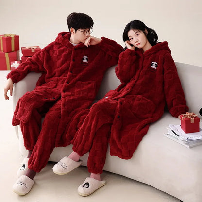 Coral Velvet Pajamas for Women Men Winter Thickened Plush Long Sleeve Hooded Bath Robe with Trousers
