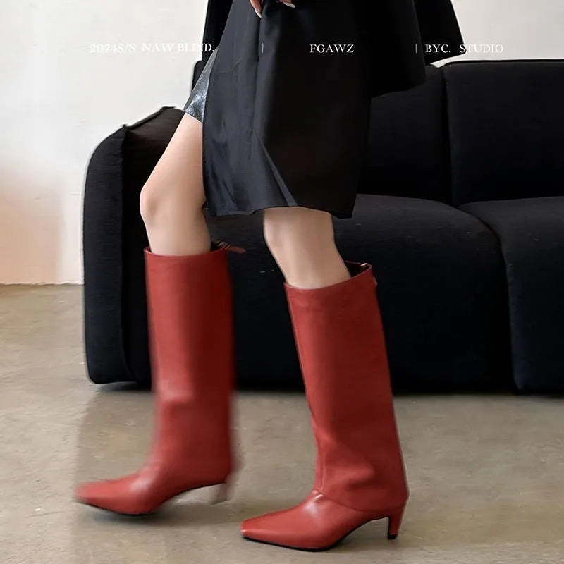 Real Sheepskin Women Knee High Boots Lady Autumn Winter Turned Over Edge Boots