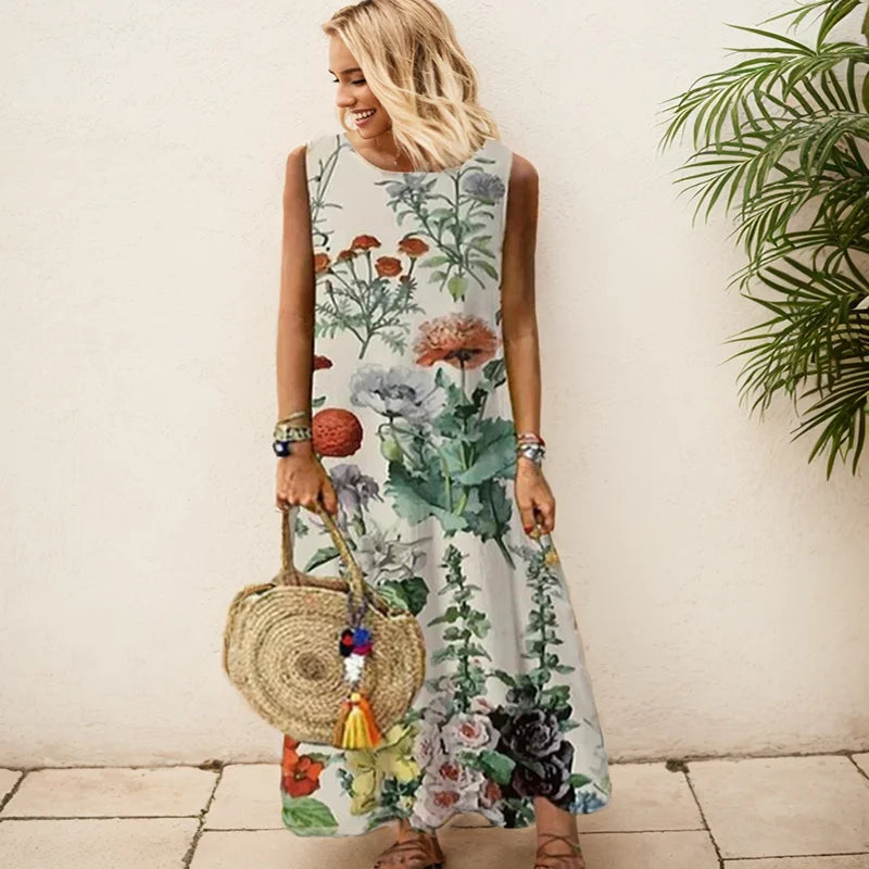 Elegant Printed O-Neck Sleeveless Women Dress  Loose Casual Beach Long Dresses Ladies Boho Maxi Dress