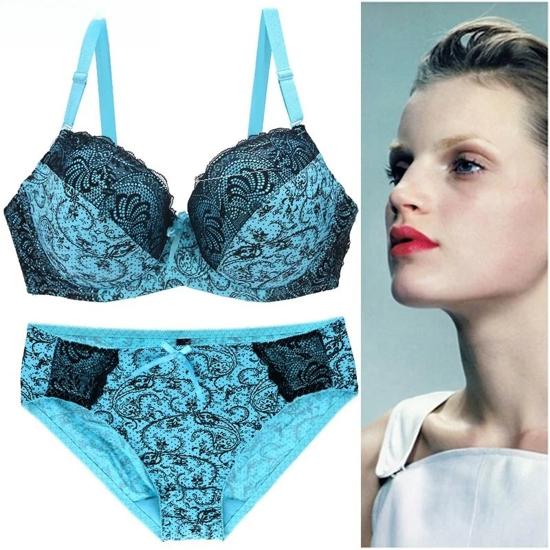 plus Size Bra Set  Full Cup Wireless Push up Bra And Briefs Combo Floral Print Fabric Breathable
