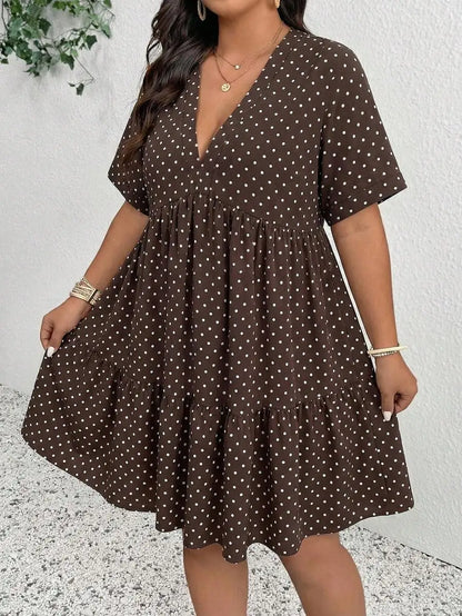 Women Plus Size V-Neck Polka Dot Casual Flowy Dress Summer