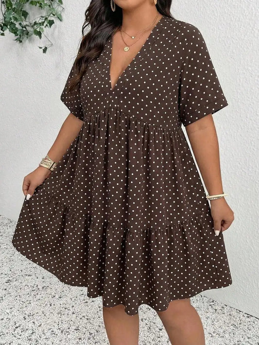 Women Plus Size V-Neck Polka Dot Casual Flowy Dress Summer