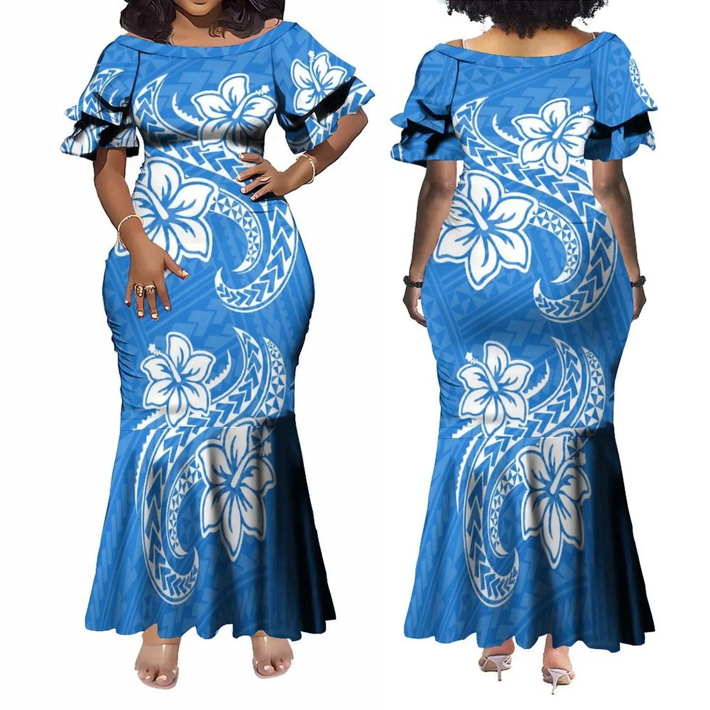 Polynesian Dress White Samoan Tribal Design Layered Ruffle Midi Mermaid Dresses Women Lady Elegant Frill dress
