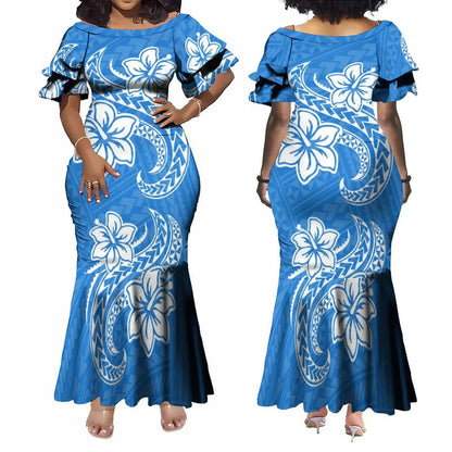 Polynesian Dress White Samoan Tribal Design Layered Ruffle Midi Mermaid Dresses Women Lady Elegant Frill dress