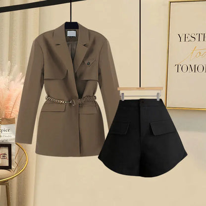 Women's Suit Belt Decorative Jacket Blazer Slim Shorts Two-piece Elegant Women's Pants Suit   Outfits