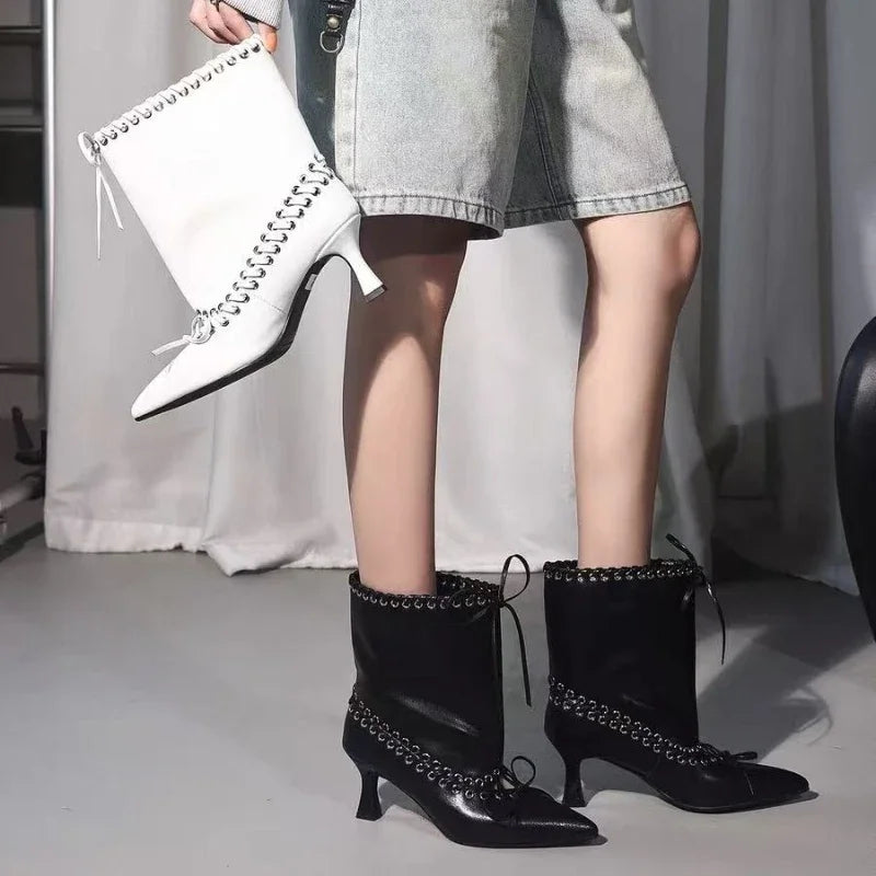 Pointed Strap Design Large Barrel High Heel Fashion Western Cowboy Women's Short Boots