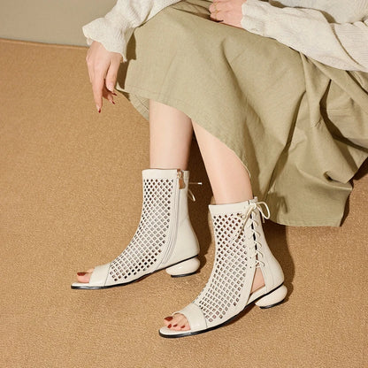 Women's new spring and summer leather cowhide exposed toe, middle heel, lace up, side zipper, perforated short boots, cool boots