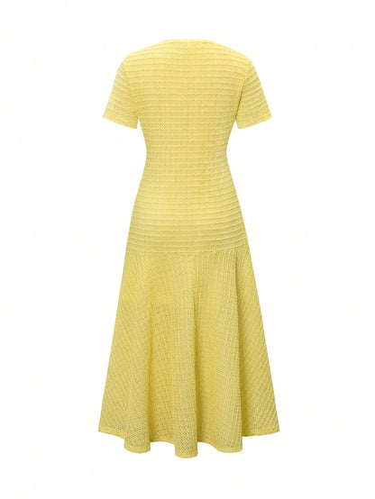 Yellow Textured Knit Midi Dress with Front Buttons and Faux Pockets
