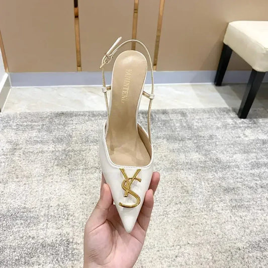 White Elegant Women's Stilettos Summer Fashion Sandals with Metal Buckle Baotou Pointed Back Design