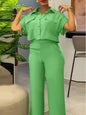 Women Green 2-Piece Short Sleeve Set Button-Up Top and Wide Leg Pants
