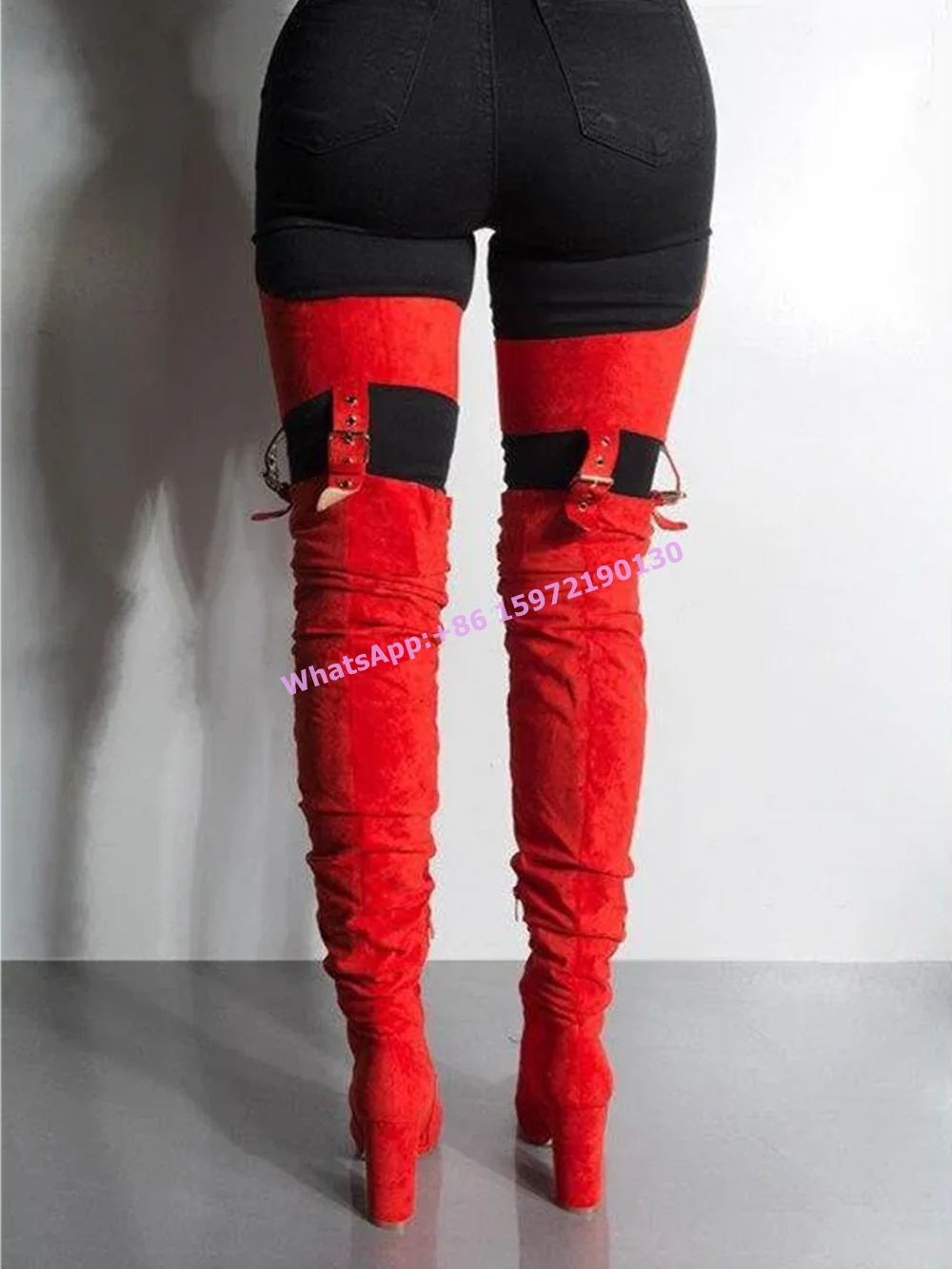Buckle Belt Hollow Thigh High Boots Solid Chunky Heels
