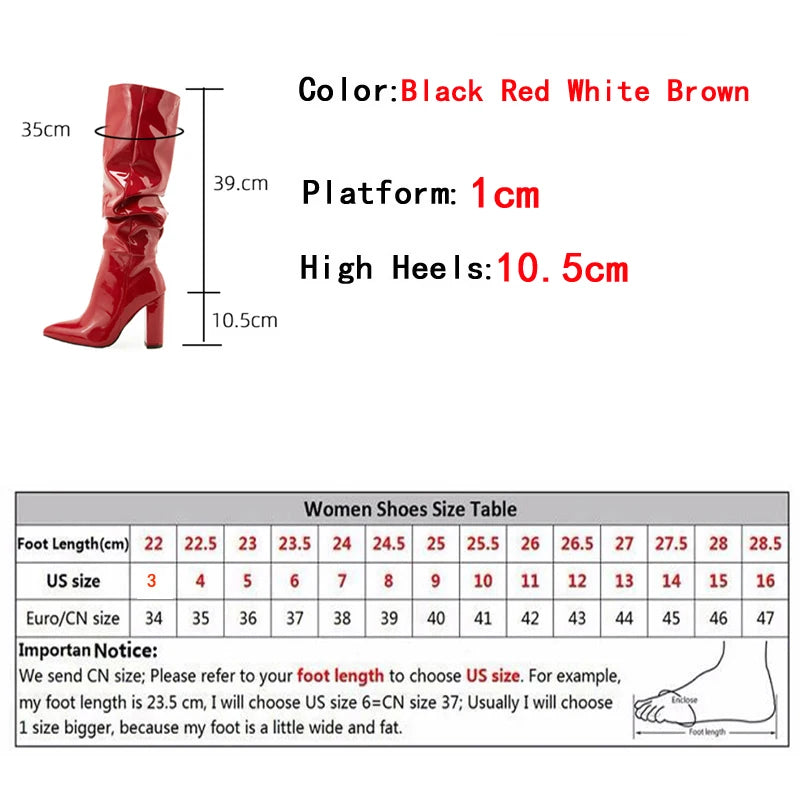 Autumn Winter Pleated Patent Leather Knee High Boots Slip On Motorcycle Shoes Women Square Heels