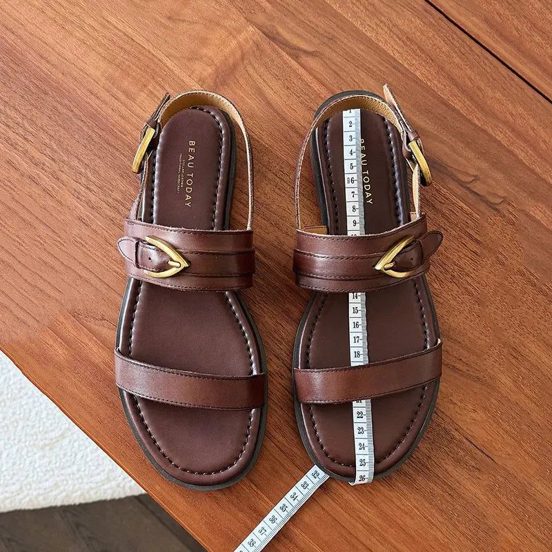 Flat Sandals Genuine Leather Metal Buckle  Slingback Low Heel Summer Retro Ladies Shoes