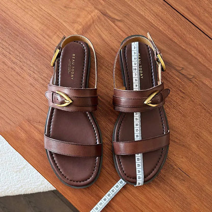 Flat Sandals Genuine Leather Metal Buckle  Slingback Low Heel Summer Retro Ladies Shoes
