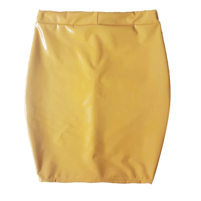 Women PU Leather Bodycon Skirt Gothic Black Wet Look Red Yellow Midi Skirt