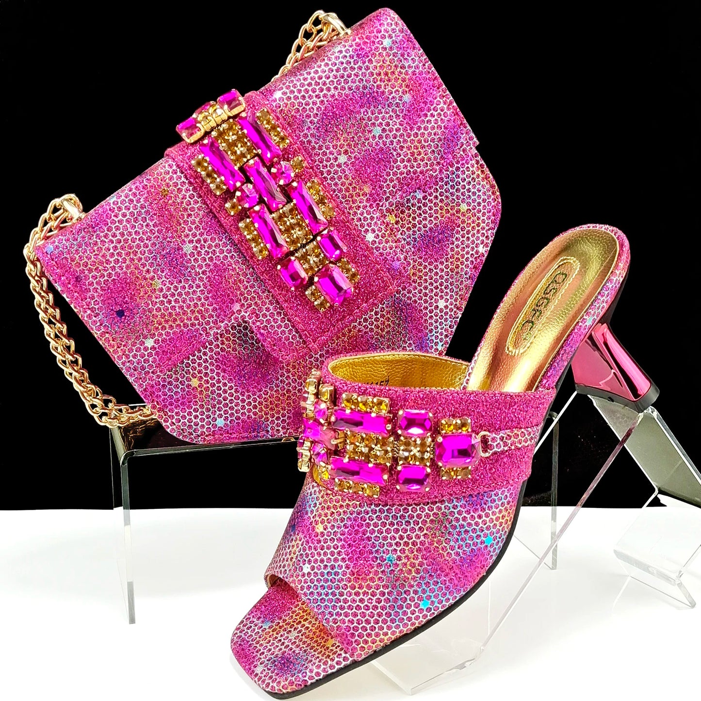 Italian Fashion Square toe Women Strange Heels Bigger size Fashion Rhinestone Decoration Brown Shoes And Bag set Party bag