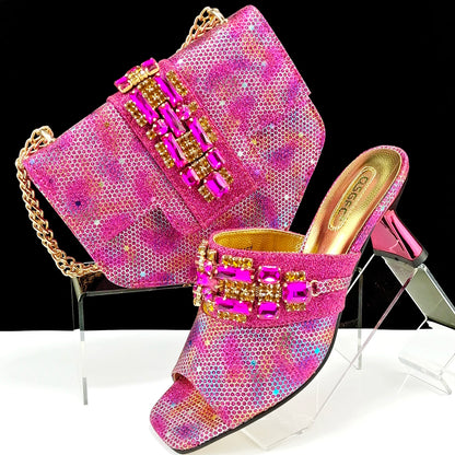 Italian Fashion Square toe Women Strange Heels Bigger size Fashion Rhinestone Decoration Brown Shoes And Bag set Party bag