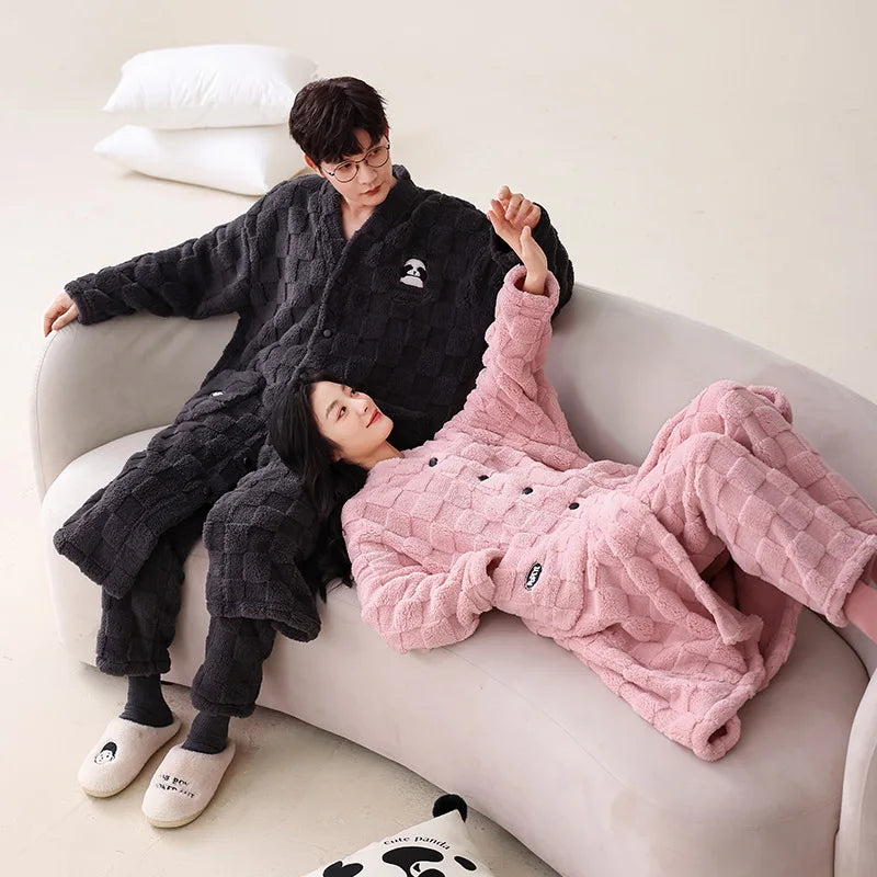 Coral Velvet Pajamas for Women Men Winter Thickened Plush Long Sleeve Hooded Bath Robe with Trousers