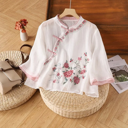 Casual Loose Blouse Shirt Women  Vintage Embroidery Woman Shirt
