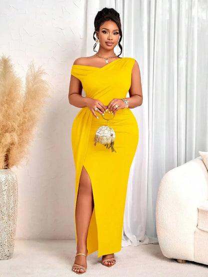 Women Elegant Fitted Long Dress Beige Asymmetrical Neck High Slit Formal Party