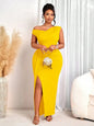 Women Elegant Fitted Long Dress Beige Asymmetrical Neck High Slit Formal Party