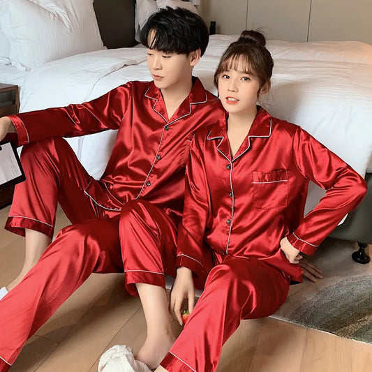 Solid Color Plus Size Sleepwear Silk Satin Pajamas Couple Set Long Button-Down