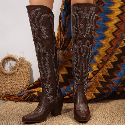 Vintage Western Cowboy Boots For Womens Fashion Embroidered Pointed Toe