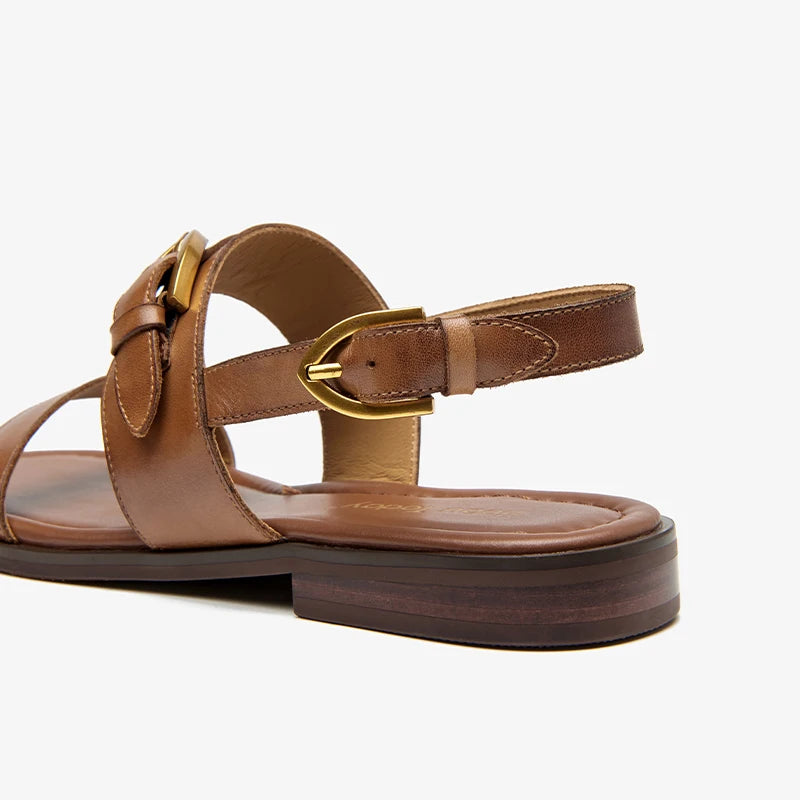 Flat Sandals Genuine Leather Metal Buckle  Slingback Low Heel Summer Retro Ladies Shoes