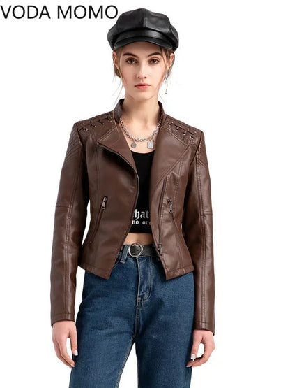 Autumn Spring Women Short Faux PU Jacket Slim Fashion Punk Outwear Motorcycle Leather Jacket Casual Coat