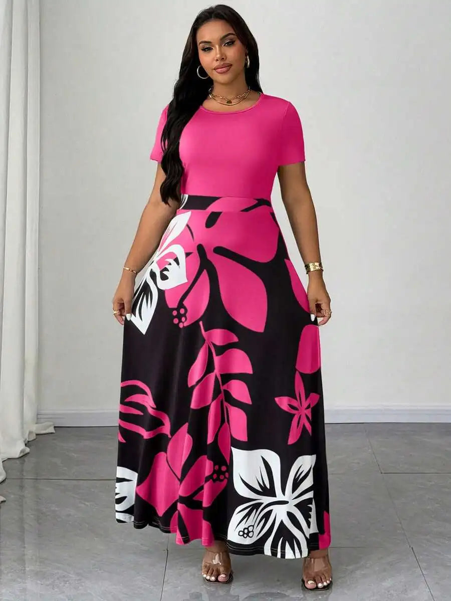 Plus Size Women Botanical Print Round Neck Short Sleeve Maxi Dress