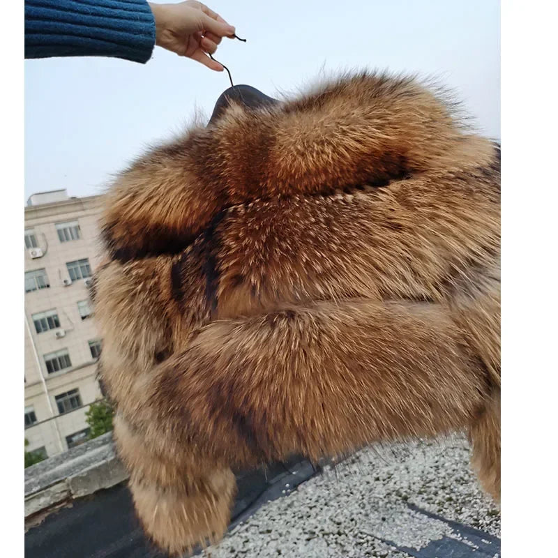 Real Fur Coat Women Natural Raccoon Fur Jacket  Long Sleeve With Hat