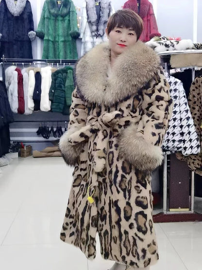 Women Fox Lapel Collar Natural Whole Skin Genuine Fur Long Jacket Real Rabbit Fur Leopard Print Overcoat