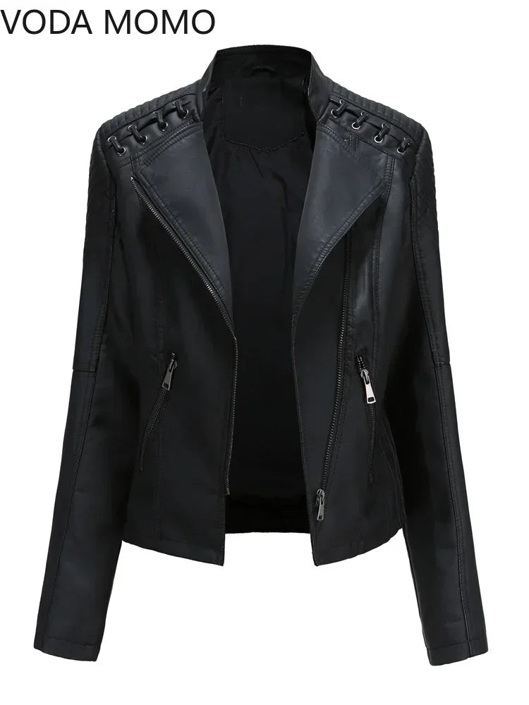Autumn Spring Women Short Faux PU Jacket Slim Fashion Punk Outwear Motorcycle Leather Jacket Casual Coat