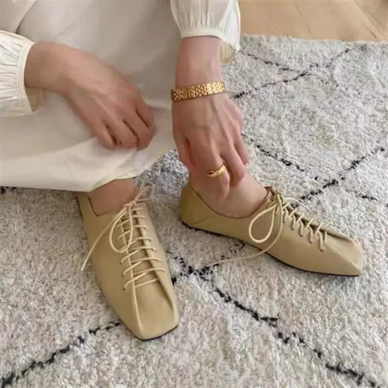 French Retro Pleated Cross Tie Flat Bottom Soft Leather Shoe  New Square Headed Strap Single Shoes