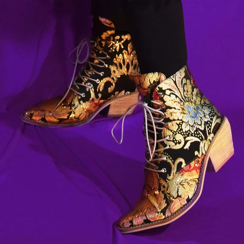 Women ankle boots women shoes winter woman embroidered  Flower fashion all match