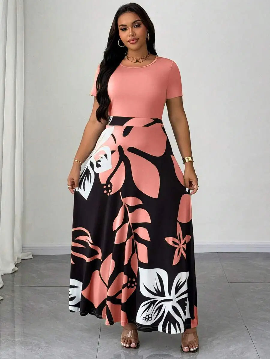 Plus Size Women Botanical Print Round Neck Short Sleeve Maxi Dress
