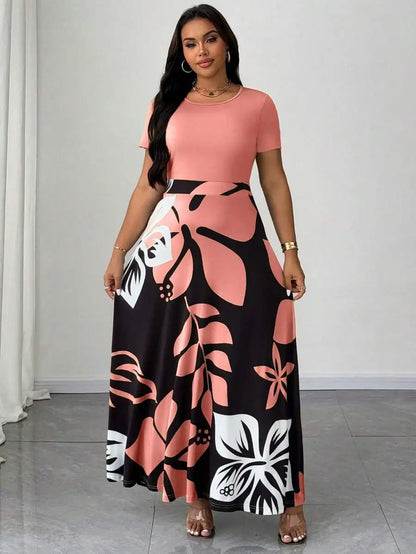 Plus Size Women Botanical Print Round Neck Short Sleeve Maxi Dress